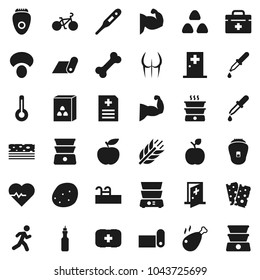 Flat vector icon set - double boiler vector, cereal, mushroom, potato, chicken leg, oil, apple fruit, diet, heart pulse, bike, muscule hand, buttocks, fitness mat, cereals, breads, first aid kit