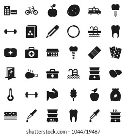 Flat vector icon set - double boiler vector, cereal, potato, chicken leg, apple fruit, barbell, bike, muscule hand, breads, pool, first aid kit, hoop, doctor bag, thermometer, dropper, patch, tooth