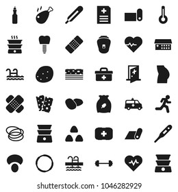 Flat vector icon set - double boiler vector, cereal, mushroom, potato, chicken leg, oil, barbell, heart pulse, buttocks, fitness mat, breads, pool, first aid kit, hoop, run, doctor bag, thermometer