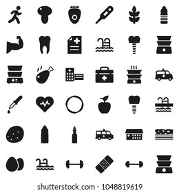 Flat vector icon set - double boiler vector, egg, mushroom, potato, chicken leg, oil, apple fruit, barbell, heart pulse, muscule hand, water bottle, cereals, breads, pool, hoop, run, doctor bag