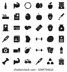 Flat vector icon set - double boiler vector, cereal, egg, potato, chicken leg, oil, apple fruit, diet, barbell, muscule hand, buttocks, water bottle, fitness mat, breads, first aid kit, bone, hoop
