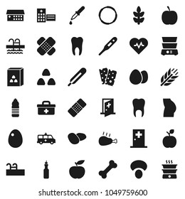 Flat vector icon set - double boiler vector, cereal, egg, mushroom, potato, chicken leg, oil, apple fruit, diet, heart pulse, buttocks, water bottle, cereals, breads, pool, bone, hoop, doctor bag