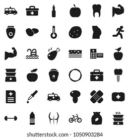 Flat vector icon set - double boiler vector, cereal, mushroom, potato, chicken leg, oil, apple fruit, diet, barbell, bike, muscule hand, buttocks, water bottle, breads, pool, first aid kit, hoop