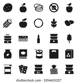 Flat vector icon set - double boiler vector, cookbook, cereal, potato, oil, apple fruit, diet, scales, sports nutrition, cereals, breads, no fastfood, hoop