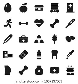 Flat vector icon set - double boiler vector, cereal, egg, potato, diet, barbell, heart pulse, buttocks, water bottle, first aid kit, bone, run, doctor bag, thermometer, dropper, patch, tooth