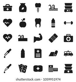 Flat vector icon set - double boiler vector, cereal, apple fruit, barbell, heart pulse, muscule hand, water bottle, fitness mat, breads, first aid kit, doctor bag, dropper, patch, anamnesis, tooth