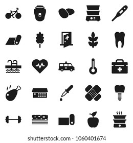 Flat vector icon set - double boiler vector, cereal, potato, chicken leg, apple fruit, barbell, heart pulse, bike, fitness mat, cereals, breads, pool, doctor bag, thermometer, dropper, patch, tooth