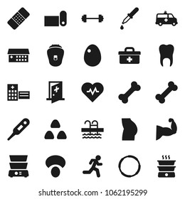 Flat vector icon set - double boiler vector, cereal, egg, mushroom, barbell, heart pulse, muscule hand, buttocks, fitness mat, pool, bone, hoop, run, doctor bag, thermometer, dropper, patch, tooth