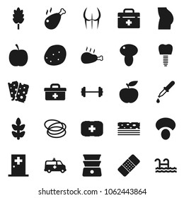 Flat vector icon set - double boiler vector, cereal, mushroom, potato, chicken leg, diet, barbell, buttocks, cereals, breads, first aid kit, hoop, doctor bag, dropper, patch, amkbulance car, pool