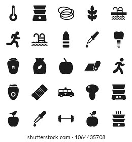 Flat vector icon set - double boiler vector, cereal, mushroom, apple fruit, diet, barbell, water bottle, fitness mat, cereals, pool, hoop, run, thermometer, dropper, patch, ambulance car, epilator