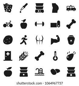 Flat vector icon set - double boiler vector, potato, chicken leg, apple fruit, diet, barbell, bike, muscule hand, buttocks, fitness mat, cereals, breads, pool, bone, run, thermometer, dropper