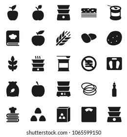 Flat vector icon set - double boiler vector, cookbook, cereal, potato, oil, apple fruit, diet, scales, sports nutrition, cereals, breads, no fastfood, hoop