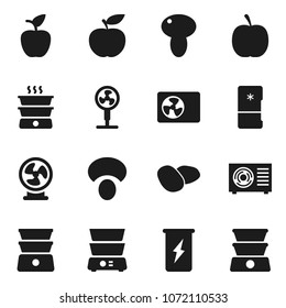 Flat vector icon set - double boiler vector, mushroom, potato, apple fruit, diet, enegry drink, ari condition, fridge, fan