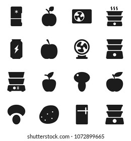 Flat vector icon set - double boiler vector, mushroom, potato, apple fruit, diet, enegry drink, ari condition, fridge, fan