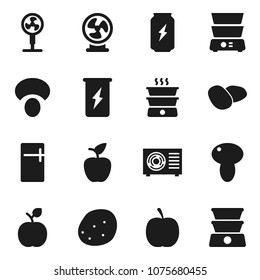 Flat vector icon set - double boiler vector, mushroom, potato, apple fruit, diet, enegry drink, ari condition, fridge, fan