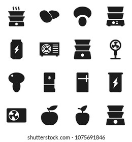 Flat vector icon set - double boiler vector, mushroom, potato, apple fruit, diet, enegry drink, ari condition, fridge, fan