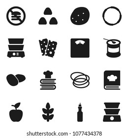 Flat vector icon set - double boiler vector, cookbook, cereal, potato, oil, apple fruit, scales, sports nutrition, cereals, breads, no fastfood, hoop