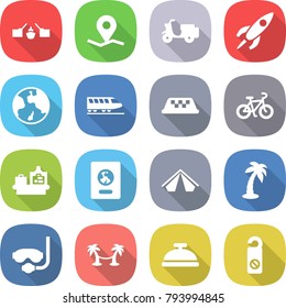 flat vector icon set - drawbridge vector, geo pin, scooter shipping, rocket, earth, train, taxi, bike, baggage checking, passport, tent, palm, diving mask, hammock, service bell, do not distrub