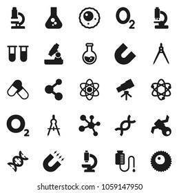 Flat vector icon set - drawing compass vector, atom, telescope, microscope, magnet, flask, pills, molecule, oxygen, satellite, vial, dna, drop counter, ovule