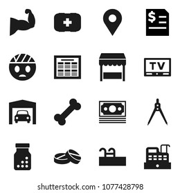 Flat vector icon set - drawing compass vector, schedule, annual report, muscule hand, first aid kit, bone, money, tv, pills, bottle, head bandage, pin, pool, garage, market, cashbox