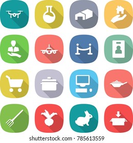 flat vector icon set - drone vector, flask, warehouse, real estate, client, plane, vip fence, identity card, cart, pan, computer, fork, beet, rabbit, package