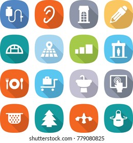 flat vector icon set - dropper vector, ear, building, pencil, greenhouse, map, sorting, detector, cafe, baggage trolley, sink, touchscreen, colander, spruce, hard reach place cleaning, apron