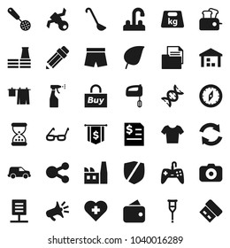 Flat vector icon set - drying clothes vector, sprayer, water tap, skimmer, ladle, pencil, glasses, compass, leaf, annual report, dollar flag, shorts, t shirt, heart cross, satellite, car, document