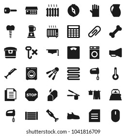 Flat vector icon set - drying clothes vector, washer, rubber glove, kettle, towel, cook press, mixer, blender, jug, graduate hat, compass, document, calculator, scales, snickers, shuttlecock, bone