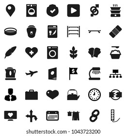 Flat vector icon set - drying clothes vector, washing powder, kettle, sieve, pen, case, table lamp, manager, clock, dollar flag, hierarchy, boxing glove, skateboard, cereals, heart monitor, route