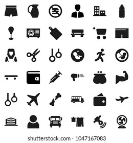 Flat vector icon set - drying clothes vector, cleaner woman, cutting board, jug, scissors, school bus, wallet, manager, punching bag, muscle arm, shorts, skateboard, water bottle, no fast food, run