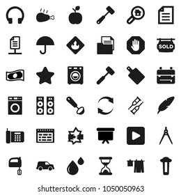 Flat vector icon set - drying clothes vector, washer, ladle, meat hammer, cutting board, mixer, chicken leg, pen, drawing compass, backpack, apple fruit, schedule, document, cash, presentation, car