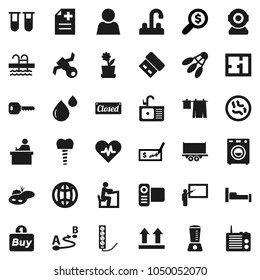 Flat vector icon set - drying clothes vector, sink, water tap, blackboard, student, check, money search, shuttlecock, pool, satellite, truck trailer, top sign, route, video camera, heart pulse, vial