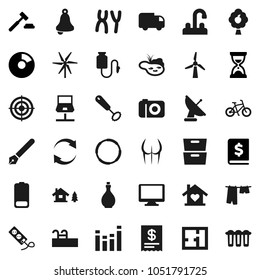 Flat vector icon set - drying clothes vector, water tap, oil, whisk, pen, bell, archive, pie graph, auction, annual report, sand clock, bike, buttocks, target, hoop, equalizer, monitor, battery