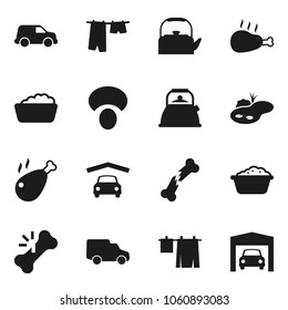 Flat vector icon set - drying clothes vector, foam basin, kettle, mushroom, chicken leg, car, broken bone, pond, garage