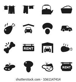 Flat vector icon set - drying clothes vector, foam basin, kettle, mushroom, chicken leg, car, broken bone, pond, garage, rent signboard