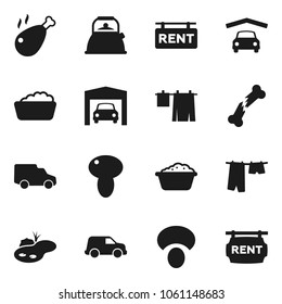 Flat vector icon set - drying clothes vector, foam basin, kettle, mushroom, chicken leg, car, broken bone, pond, garage, rent signboard