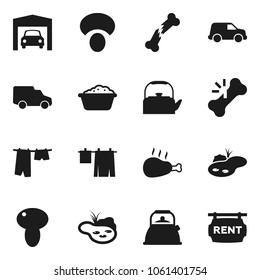 Flat vector icon set - drying clothes vector, foam basin, kettle, mushroom, chicken leg, car, broken bone, pond, garage, rent signboard