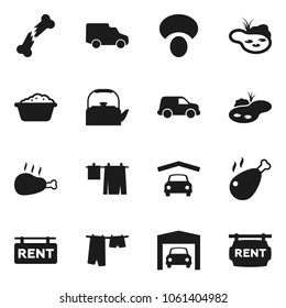 Flat vector icon set - drying clothes vector, foam basin, kettle, mushroom, chicken leg, car, broken bone, pond, garage, rent signboard