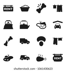 Flat vector icon set - drying clothes vector, foam basin, kettle, mushroom, chicken leg, car, broken bone, pond, garage, rent signboard