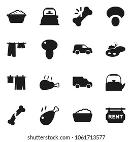Flat vector icon set - drying clothes vector, foam basin, kettle, mushroom, chicken leg, car, broken bone, pond, rent signboard