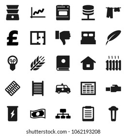 Flat vector icon set - drying clothes vector, washboard, double boiler, pen, schedule, clipboard, graph, cash, hierarchy, pound, enegry drink, cereals, finger down, pills blister, amkbulance car