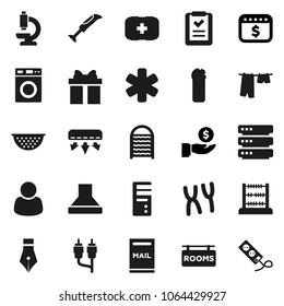 Flat vector icon set - drying clothes vector, washer, cleaning agent, washboard, colander, pen, abacus, investment, dollar calendar, first aid kit, rca, ambulance star, microscope, chromosomes, gift
