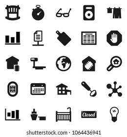 Flat vector icon set - drying clothes vector, ladle, cutting board, glasses, schedule, molecule, graph, stopwatch, stadium, earth, calendar, port, big scales, speaker, network document, stop, crib