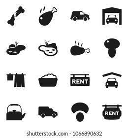 Flat vector icon set - drying clothes vector, foam basin, kettle, mushroom, chicken leg, car, broken bone, pond, garage, rent signboard