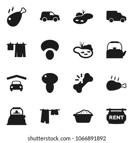 Flat vector icon set - drying clothes vector, foam basin, kettle, mushroom, chicken leg, car, broken bone, pond, garage, rent signboard