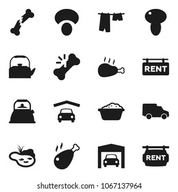 Flat vector icon set - drying clothes vector, foam basin, kettle, mushroom, chicken leg, car, broken bone, pond, garage, rent signboard