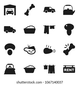 Flat vector icon set - drying clothes vector, foam basin, kettle, mushroom, chicken leg, car, broken bone, pond, garage, rent signboard