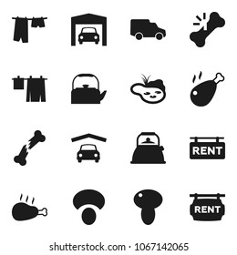 Flat vector icon set - drying clothes vector, kettle, mushroom, chicken leg, car, broken bone, pond, garage, rent signboard