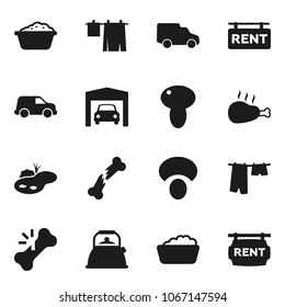 Flat vector icon set - drying clothes vector, foam basin, kettle, mushroom, chicken leg, car, broken bone, pond, garage, rent signboard