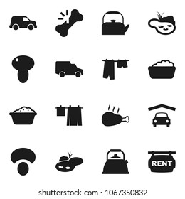 Flat vector icon set - drying clothes vector, foam basin, kettle, mushroom, chicken leg, car, broken bone, pond, garage, rent signboard